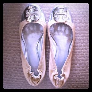 Cream and Silver Tory Burch Flats
